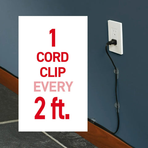 Damage Free Round Cord Clips Set With 13 Clear Clips And 16 Strips For No Tools Wall Mounting installed on wall with cable