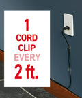 Round Cord Clips For No Tool Cable Management clear clips beside wall outlet with cord, image text '1 Cord Clip Every 2 ft.' visible.