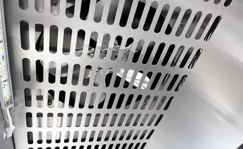 Interior ventilation grill of Professional Grade Commercial Stainless Steel Reach In Freezer With Three Roomy Solid Doors.