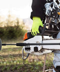 Heavy Duty Steel Firewood Measuring Tool With Rock Solid Magnetic Base For Chainsaw Bar Mount showing measurement attachment on chainsaw.