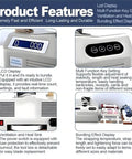 Product features of Speedy Banknote Bundling Machine for Cash, Receipts, and Cards with LCD, key settings, and ventilation.
