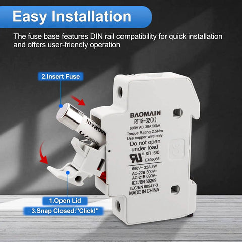Side view of 5 Pack RT18 32 X 1P DIN Rail Fuse Holder 32A 690V AC with open fuse slot and installation instructions.