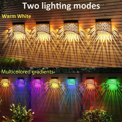 Two Pack Solar Fence Lights Outdoor Waterproof Patio Decor With Glowing Elk Pattern Solar Powered Pathway Lamps Auto On Off Dusk Sensor Easy Mount Five By Four Inches Each showcasing warm white and multicolored lighting modes.