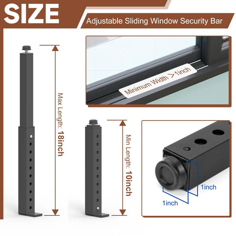 Heavy Duty Adjustable Window Security Bar For Sliding And Double Hung Windows Straight Up Tough Interior Lock Bar size detail with max 18in and min 10in.