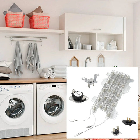 Samsung Dryer Heating Element Replacement Kit With Thermostat, Thermistor, And Thermal Fuses displayed in laundry room