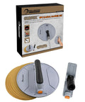 9 Inch Radial Drywall Sander Kit With Six Assorted Grit Sandpaper Discs, ergonomic handle and sander discs showcased in packaging.