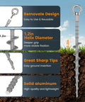 Illustration of 12 Pack Screw-In Ground Anchors For Tents And Outdoor Gear with 12 inch aluminum tent stakes showing detachable auger design
