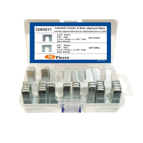 Pro Grade Alignment Shim Set For Auto Body And Fender Adjustments Includes One Sixteenth Inch And One Eighth Inch Thick Shims With Three Eighths Inch Slot 30 Pieces Zinc Plated For Rust Resistance Resealable Storage Box Camber Toe And Caster Alignment shown in open packaging