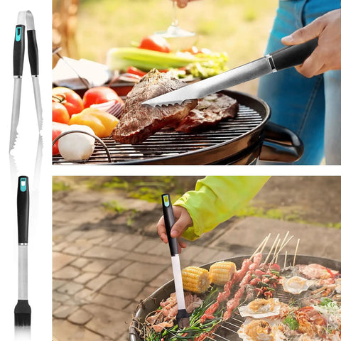 Backyard BBQ Essential 5 Piece Grill Tools Set With Heavy Duty Wire Brush Spatula Fork Tongs And Basting Brush in outdoor use