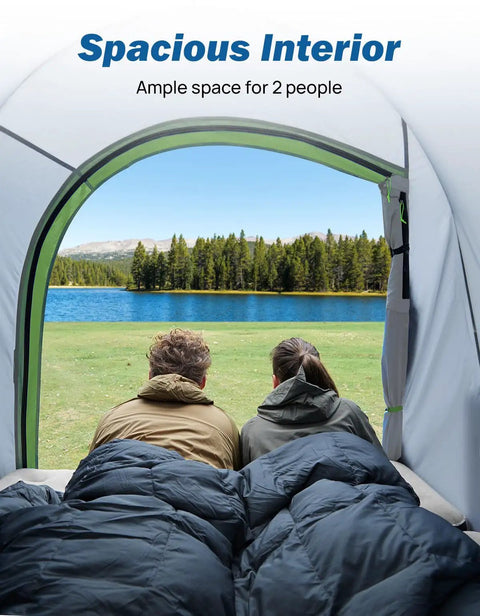 View from inside 8-Foot Pickup Truck Bed Tent For Two, Double Layer Waterproof Shelter with PU2000mm Rating, overlooking lake