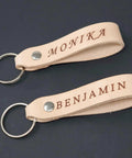 Top Shelf Natural Veggie Tan Leather Keychain Blanks 10 Pack with names MONIKA and BENJAMIN for custom engraving.