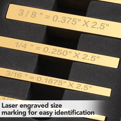 Solid Brass Setup Blocks Height Gauge Set Of Five with laser marked readouts for precise woodworking measurements.