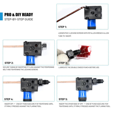 SMOTIVEPRO 7-piece brake line flaring tool kit with blue handle and gray flaring block for 3/16 in and 1/4 in SAE brake lines.