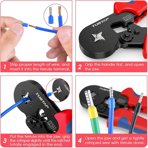 Step-by-step use of Wire Ferrule Crimping Tool Kit With 1200 Ferrule Terminals, Self Adjusting Ratchet Crimper Plier Set