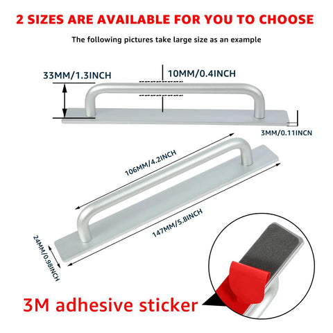Dimensions of 3M adhesive-backed aluminum cabinet handles, 147mm and 106mm, showing grip size and adhesive pad.