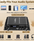 Beefy 2.1 Channel Home Audio Amplifier With Bluetooth 5.0 USB And AUX Remote Bass Treble And Sub Control front view with input options
