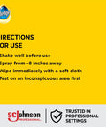 Pro Grade Furniture Polish Spray With Zesty Lemon Scent Bulk Six Pack Aerosol Cleaner instructions for use on yellow background.