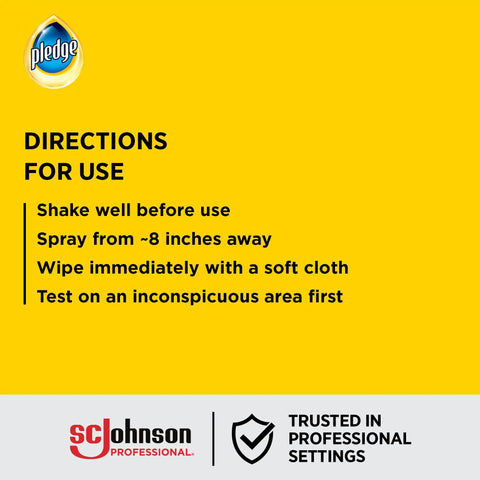 Pro Grade Furniture Polish Spray With Zesty Lemon Scent Bulk Six Pack Aerosol Cleaner instructions for use on yellow background.