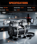 Heavy Duty Two Stage Vacuum Pump 50 Liters Per Minute Oilless Lab Medical Suction with pressure gauge and dimensions shown.