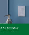 Smooth LED Dimming Diva Style Dimmer Light Switch For Dimmable LED Halogen And Incandescent Bulbs 150 Watt Single Pole Or 3 Way White Flicker Free Buzz Free Quiet Operation Easy Install on blue wall with soap dispenser nearby.