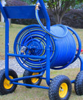 Heavy Duty Garden Hose Reel Cart Wagon With Three Quarter Inch Hose Holds Up To One Hundred Meters, blue hose on sturdy cart.