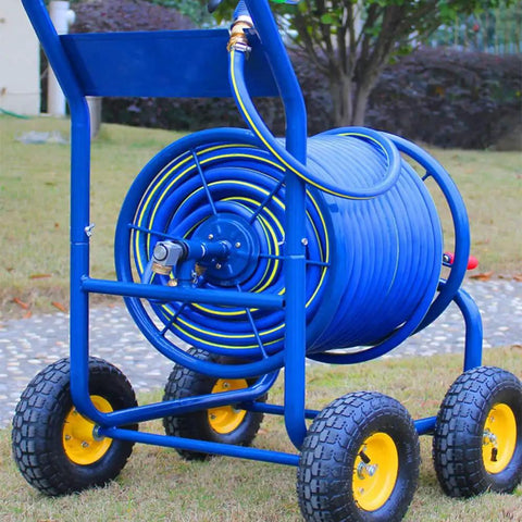 Heavy Duty Garden Hose Reel Cart Wagon With Three Quarter Inch Hose Holds Up To One Hundred Meters, blue hose on sturdy cart.