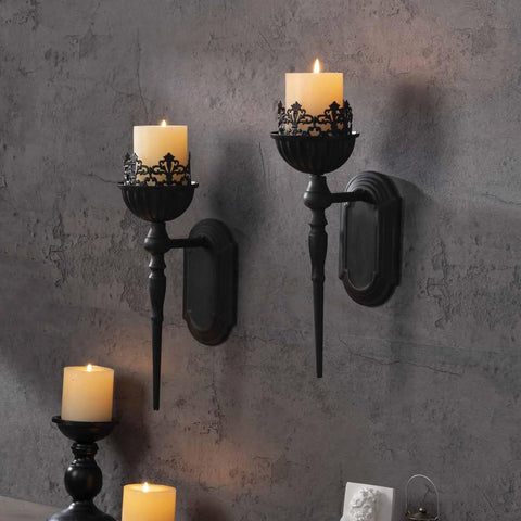 Kick Up Your Living Room Vibe With These Dope Black Gothic Wall Sconces Set Of Two Handcrafted Iron Crown And Scepter Candle Holders For Vintage Home Decor Style, featuring two candle holders with intricate detailing.