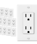 Heavy Duty 12 Pack Standard Decorator Electrical Wall Receptacle Outlet 15A 125V 2 Pole 3 Wire Non Tamper Resistant White Wall Plate Included UL Listed For Residential And Commercial Use shown in white with large outlet and smaller outlets in the background.