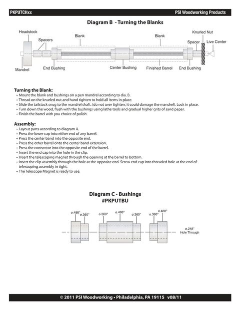 Diagram showing assembly steps for Telescoping Magnetic Pickup Tool Kit For Woodturning Projects with measurement details