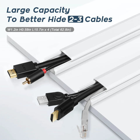 62.8 Inch White Cable Cover Wall Kit for TV Cables Hide Wires Paintable Cord Concealer showing 2 cables inside channel.