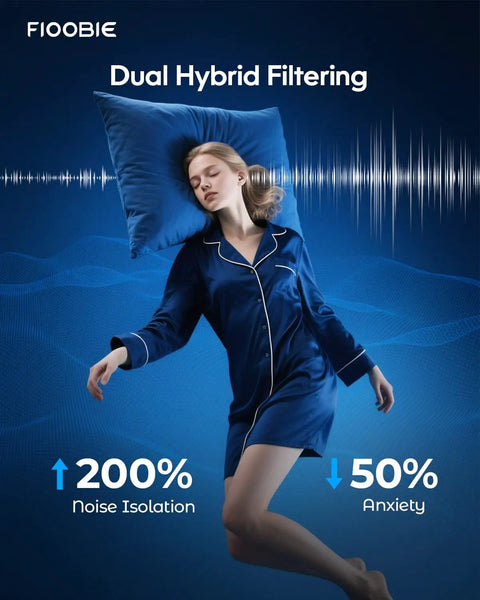 Woman sleeping with Pro Sleep Ear Plugs With Nano Silicone Noise Filtering, demonstrating side sleeping comfort.