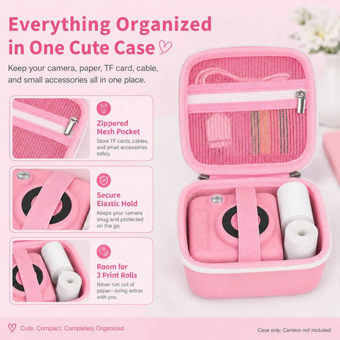 Kids Instant Print Camera Case With 3 Roll Paper Refills, pink PU case with mesh pocket, elastic strap, for mini instant cameras