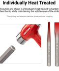 Individually heat treated punch and chisel set with hammer, showing non-striking and striking ends, grey metal and red handle.