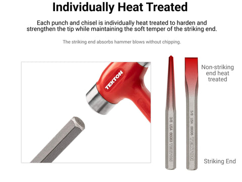 Individually heat treated punch and chisel set with hammer, showing non-striking and striking ends, grey metal and red handle.
