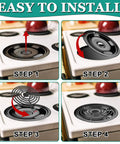 Installation steps for Beefy Porcelain Drip Pan Set With MP21YA And MP15YA Burner Elements on electric stove.