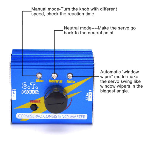 Front view of 3 Channel Digital Servo Tester with Aluminum Shell for RC Hobbyists, showing manual, neutral, and auto modes.