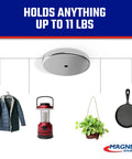 Ceramic Round Base Magnets Pack With Serious Hold, Nickel Plated, shown holding a coat, lantern, plant, and pan, 11 lbs capacity