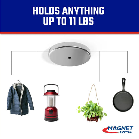 Ceramic Round Base Magnets Pack With Serious Hold, Nickel Plated, shown holding a coat, lantern, plant, and pan, 11 lbs capacity