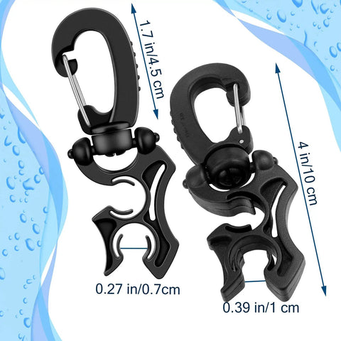 Close-up of black Six Piece Dive Double Hose Clip Set For Scuba Snorkeling Gear Durable BCD Hose Holder Clips with dimensions shown.