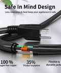50 Foot Indoor Outdoor Extension Cord 3 Prong SJTW Weatherproof Black ETL Listed 125V 13A 1625W 16 AWG Cold Weather Rated To Minus 50 C Waterproof Outdoor Cable showing internal copper wire and insulation design.