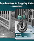 Before and after image of Heavy Duty Eight Inch Spring Loaded Gate Wheel Caster Built Tough For Wood And Metal Fences.