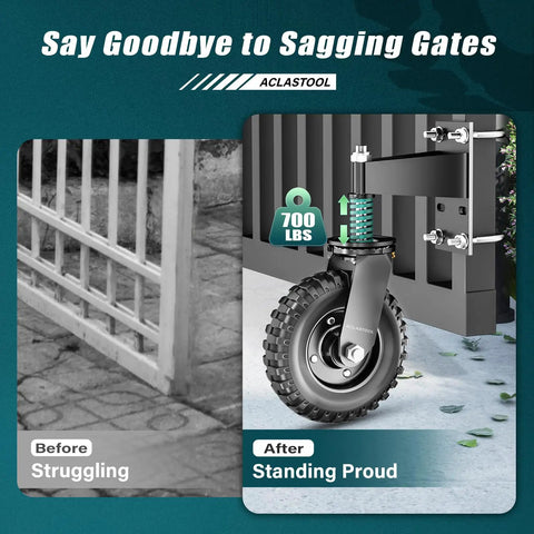 Before and after image of Heavy Duty Eight Inch Spring Loaded Gate Wheel Caster Built Tough For Wood And Metal Fences.