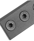 Close-up of black durable steel sliding barn door track connector replacement hardware flat repair plate with screws