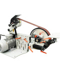 No Sweat Heavy Duty Bench Belt Sander featuring variable speed operation, 1500W motor, and sanding belt setup for knife sharpening.