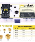 NPT Pipe Plug Set Pro Grade 25 Pieces, Carbon Steel Male Thread Plugs in storage case with size chart and plug details displayed.
