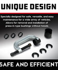 Upper Control Arm Bushing Service Tool Set For Ford GM And Chrysler Pro Grade Quick Press In And Out Kit with adapters displayed