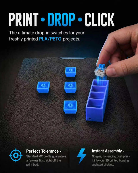 60 Piece Blue Keyboard Switches Clicky Tactile Clickers For 3D Printing Projects And Fidget Toys With Crisp Bangin Sound And Strong Feedback To Upgrade Your Setup. Blue MX-style switch being inserted into a 3D printed housing for PLA/PETG projects.