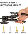 Hydraulic Disc Brake Hose Cutter And Driver 2 In 1 Bike Tool held in hand showing compatibility with various oil needles.