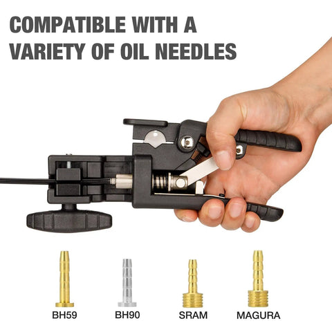Hydraulic Disc Brake Hose Cutter And Driver 2 In 1 Bike Tool held in hand showing compatibility with various oil needles.