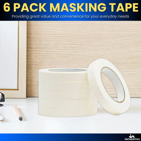 6 pack of beige painter tape for crisp lines and trim, 0.7 inch by 60 yards, displayed on a table with natural rubber adhesive.